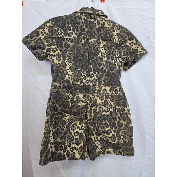 Nasty Gal Leopard Print Denim Romper Zip Up Utility Playsuit Brown Tan US 8 - Picture 4 of 6
